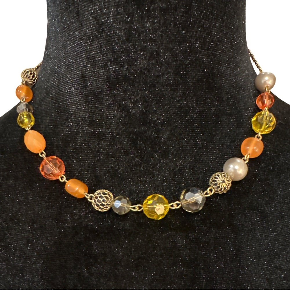 Rachel Beaded Necklace 17 Inch Length Gold Tone Chain Orange Gray